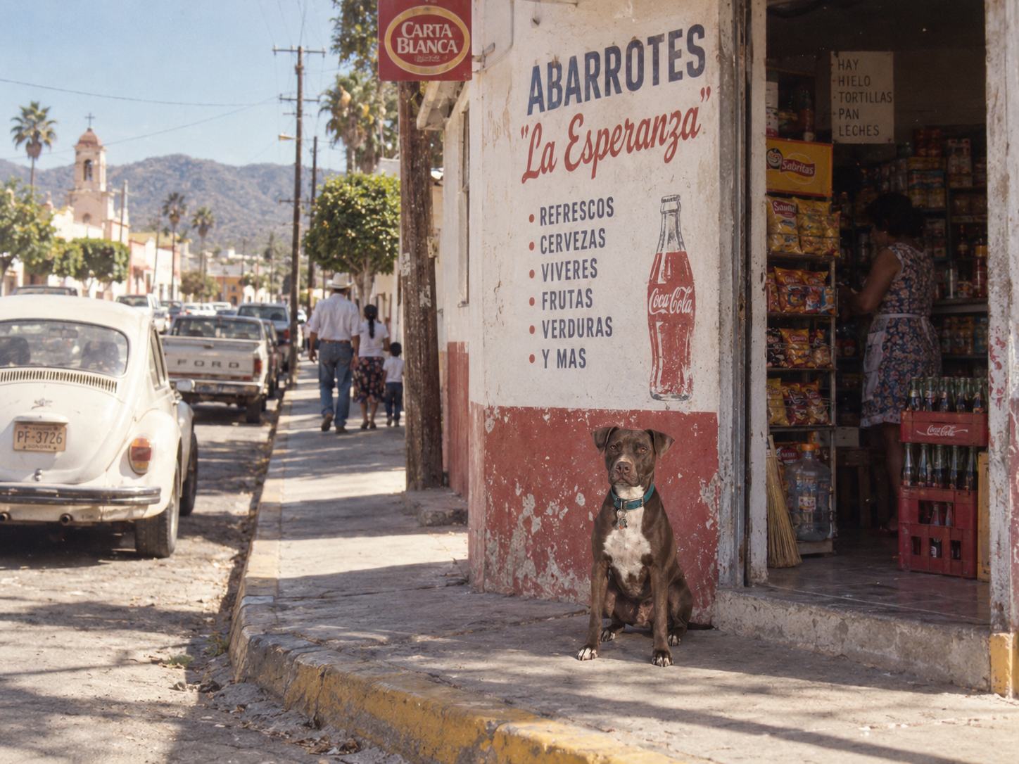 Artist reconstruction of Nico outside a small store in Mexico